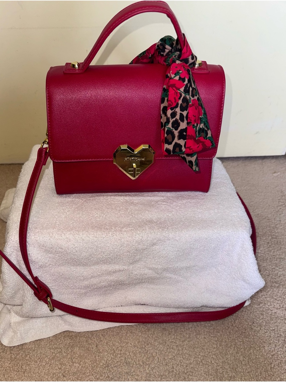 Betsey Johnson Red Top-Handle Satchel with Heart Lock Accent